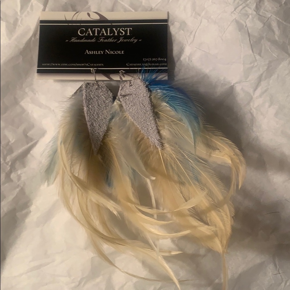 Blue White Cream Genuine Leather Festival Earrings NWT - Picture 11 of 11